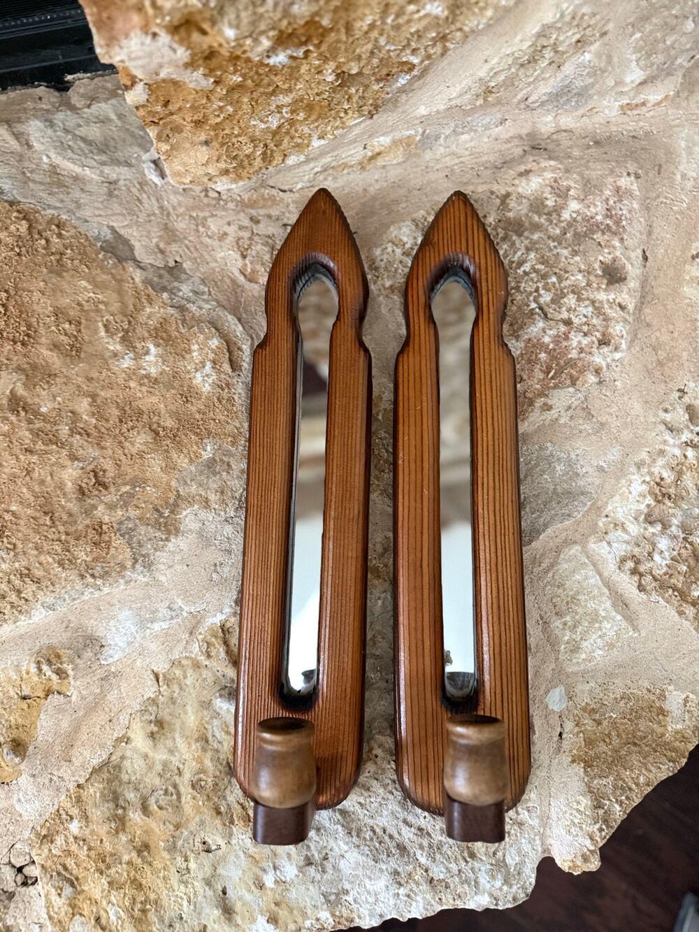 Vintage Wood and Mirror Wall Candle Sconces, Pair 16”